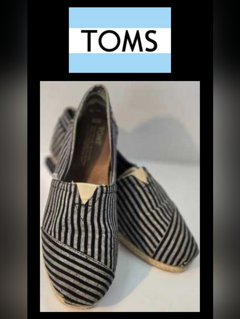 TOMS Classic Baxter Black Gray Striped Espadrille Slip-On Flats 8.5